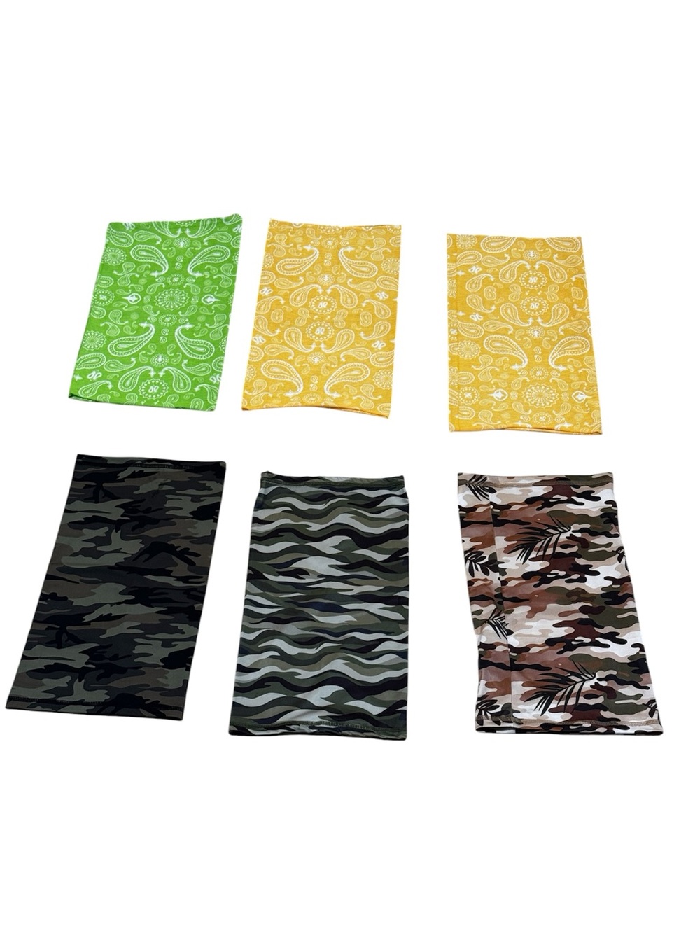 Set of 6 bandana-style neck gaiter buffs, yellow green brown, one size.
